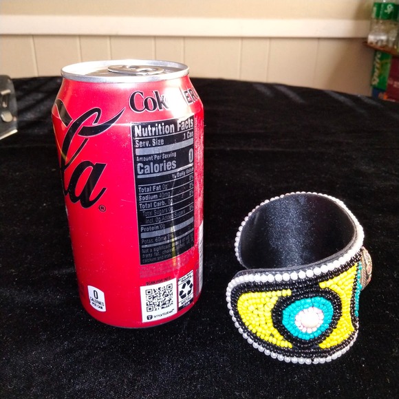 Iris Apfel & Bajalia Beaded Turquoise Yellow & Black Embellished Cuff Bracelet - Picture 4 of 11